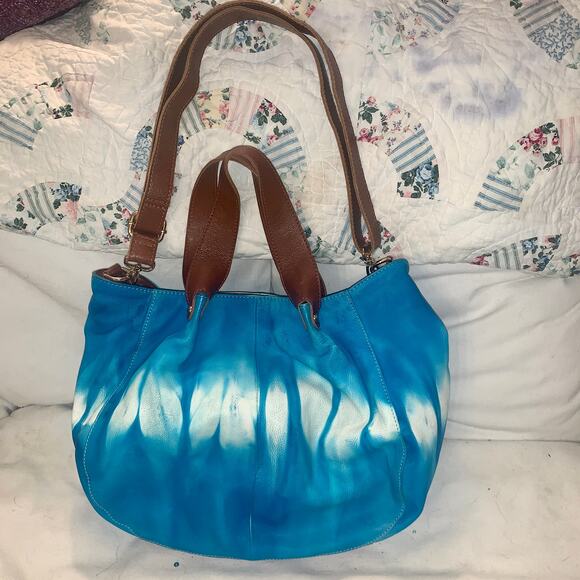 NEW LARGE SOFT TIE DYE LEATHER SHOULDER CROSSBODY BAG TOTE TURQUOISE - Picture 2 of 8